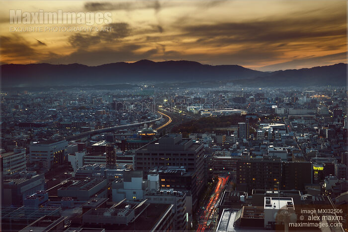 Stock photo of Kyoto aerial city scenery landscape at dusk with dramatic twilight skies Buy commercial use license at MaximImages