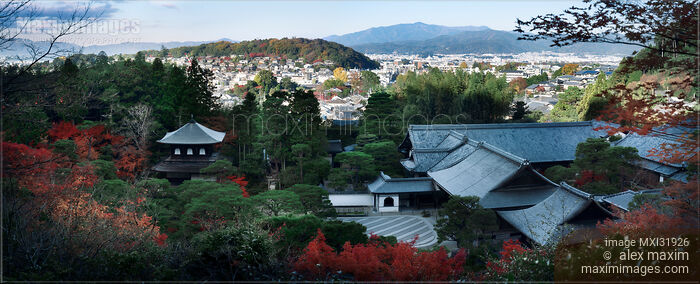 Stock photo of Kyoto landscape aerial city scenery Jisho-ji Ginkaku-ji Temple of the Silver Pavilion rooftops in autumn Buy commercial use license at MaximImages