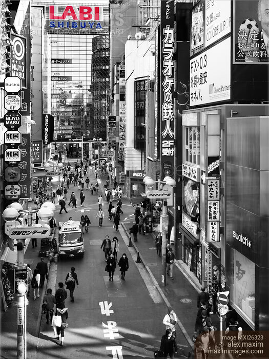 Stock photo of LABI electronics store in Shibuya Tokyo black and white Buy commercial use license at MaximImages