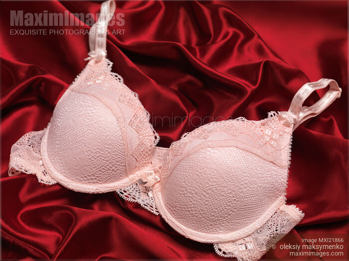 Stock photo of Lacy Bra on Red Silky Fabric Buy commercial use license at MaximImages
