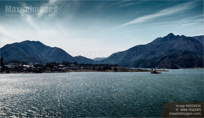 Stock photo of Lake Kawaguchi and mountains Buy commercial use license at MaximImages