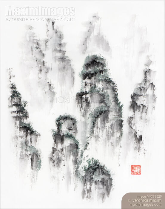 Stock image of Landscape scenery of floating misty mountains Beautiful sumi-e Zen painting Buy commercial use license at MaximImages