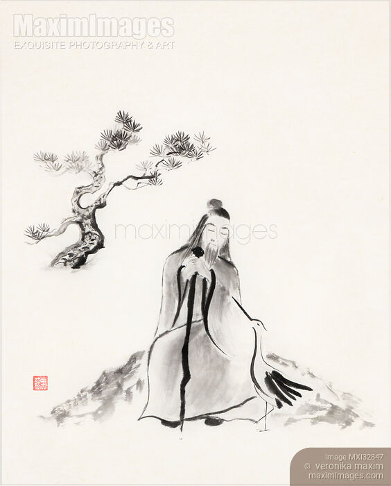 Stock image of Lao Tzu old sage conversing with a heron sumi-e painting on beige rice paper Buy commercial use license at MaximImages