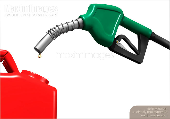 Stock image of Last drop of gas from pump nozzle into canister Buy commercial use license at MaximImages