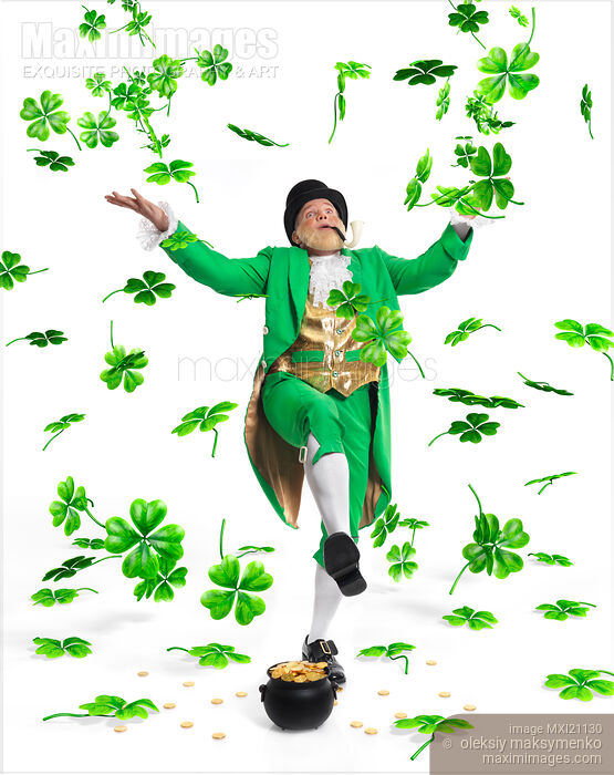 Leprechaun Tossing Shamrock Leaves up in the Air