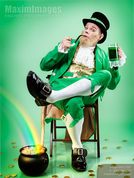 Leprechaun with mug of green beer and pot of gold Stock photo of Leprechaun with mug of green beer and pot of gold Buy commercial use license at MaximImages