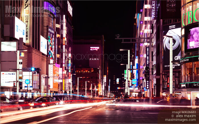 Stock photo of Light trails of cars at night on Chuo Dori Ginza Tokyo Buy commercial use license at MaximImages