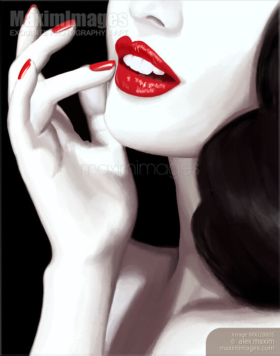 Stock image of Lips with red lipstick and fingers with red nail polish Woman face illustration Buy commercial use license at MaximImages