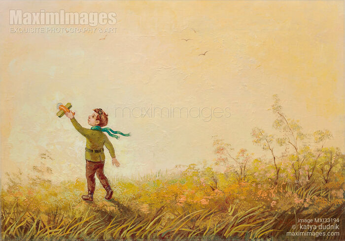 Little boy with a toy airplane in his hand playing outside in the nature oil painting Stock image of Little boy with a toy airplane in his hand playing outside in the nature oil painting Buy commercial use license at MaximImages