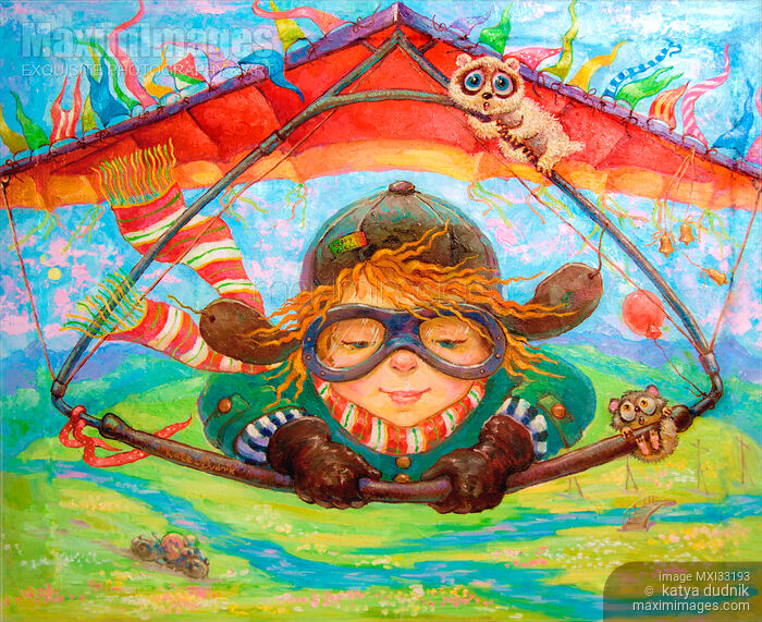 Stock image of Little girl adventurer in goggles piloting a hang glider in the air Inspiring children oil painting Buy commercial use license at MaximImages