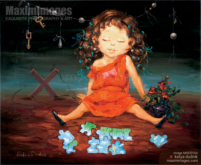 Little girl broken doll fell down from a dream and childish illusions with a piece of puzzle and a dreamy face Stock image of Little girl broken doll fell down from a dream and childish illusions with a piece of puzzle and a dreamy face Buy commercial use license at MaximImages