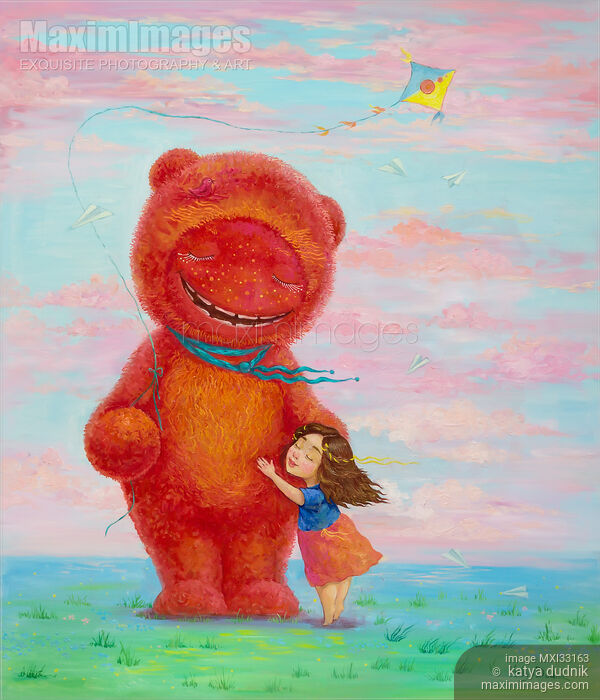 Stock image of Little girl hugging a huge red fuzzy teddy bear with a kite in a magical dream fantasy world Buy commercial use license at MaximImages