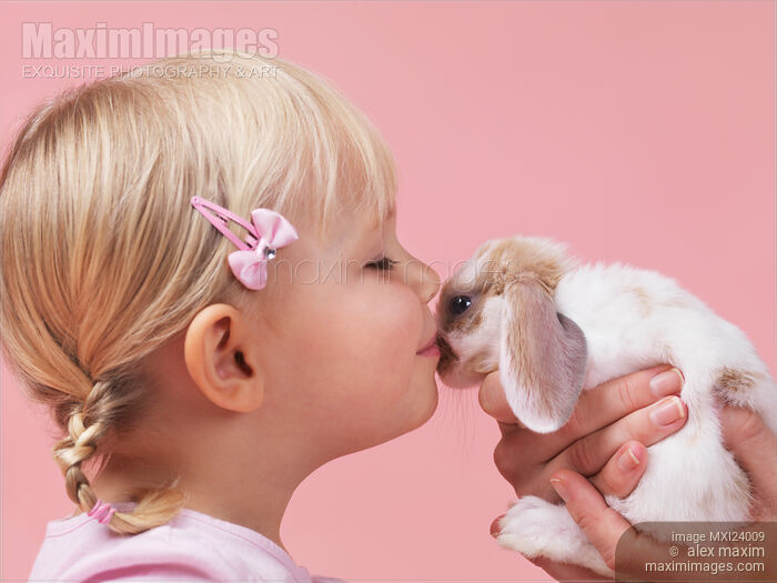 Stock photo of Little girl kising a bunny Buy commercial use license at MaximImages