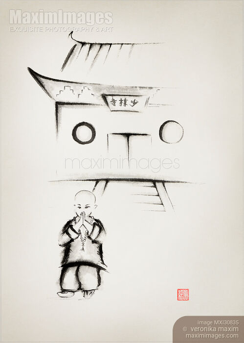 Little Shaolin monk in front of the Shaolin temple gate Zen Sumi-e vintage style painting Stock Image MXI30835 &copy; Veronika Maxim / MaximImages