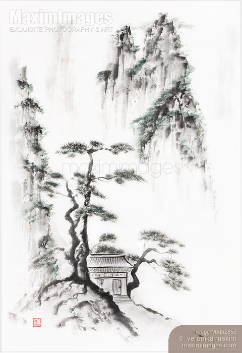 Stock image of Little temple gate with pine trees in the mountains Zen landscape Fine art sumi-e painting Buy commercial use license at MaximImages