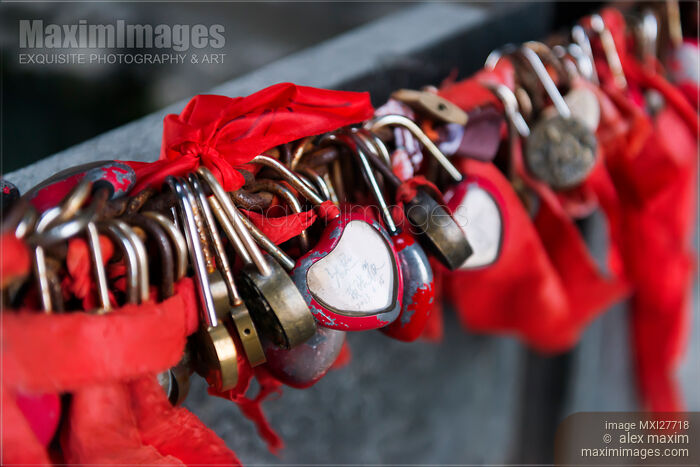 Love locks and red ribbons in China Stock photo of Love locks and red ribbons in China Buy commercial use license at MaximImages