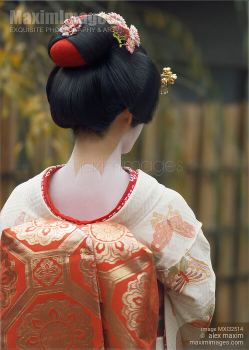 Maiko closeup of back in kimono with red collar showing skin makeup on her neck wearing a traditional wig Kyoto Stock photo of Maiko closeup of back in kimono with red collar showing skin makeup on her neck wearing a traditional wig Kyoto Buy commercial use license at MaximImages