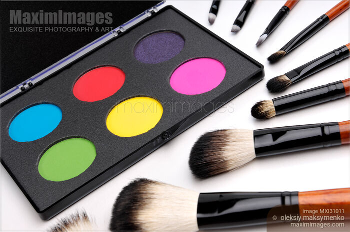 Stock photo of Make-up palette and brushes Buy commercial use license at MaximImages