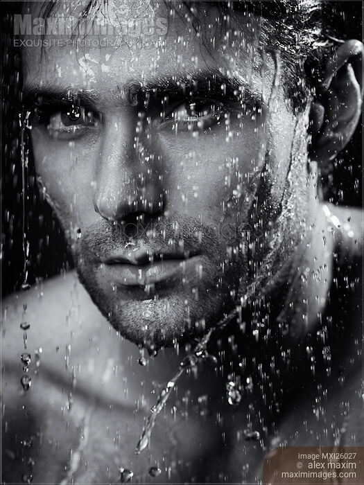 Stock photo of Man face wet from water running down it Black and white Buy commercial use license at MaximImages