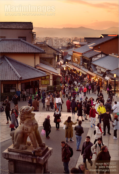 Stock photo of Matsubara dori street full of people at sunset near Kiyomizu-dera temple in Kyoto Japan Buy commercial use license at MaximImages