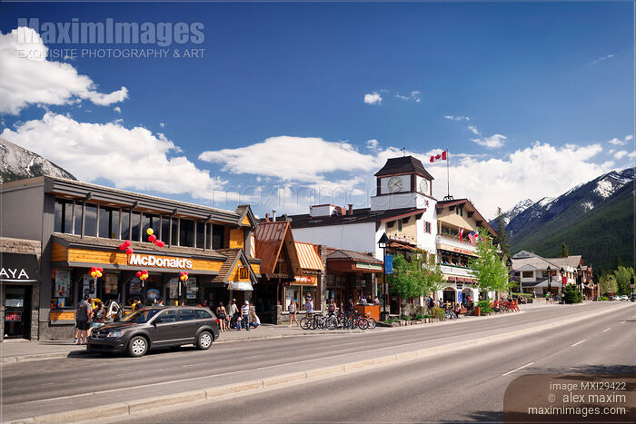 Stock photo of McDonald's and other shops and restaurants in downtown Banff in Alberta Rockies Buy commercial use license at MaximImages
