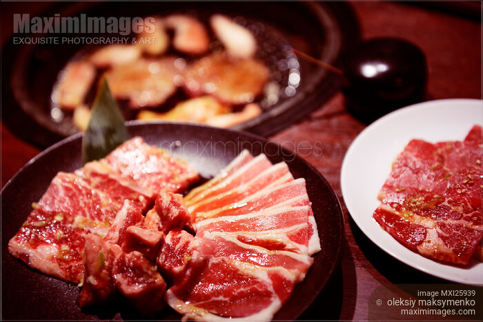 Meat at Japanese grill restaurant Stock photo of Meat at Japanese grill restaurant Buy commercial use license at MaximImages