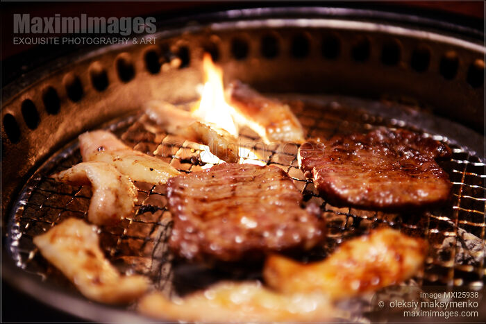 Stock photo of Meat on grill at Japanese restaurant Buy commercial use license at MaximImages