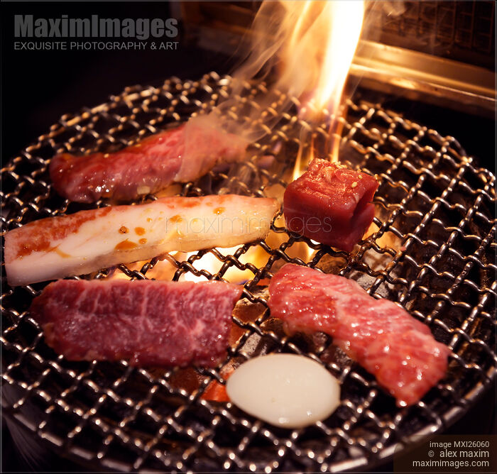 Stock photo of Meet cooked on grill at Japanese restaurant Buy commercial use license at MaximImages