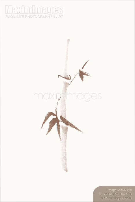 Minimalistic bamboo branch with leaves mini sumi-e artwork in beige Stock image of Minimalistic bamboo branch with leaves mini sumi-e artwork in beige Buy commercial use license at MaximImages