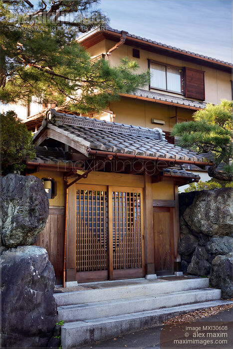 Modern Japanese private residential house front gate built in a traditional style Uji Japan Stock photo of Modern Japanese private residential house front gate built in a traditional style Uji Japan Buy commercial use license at MaximImages
