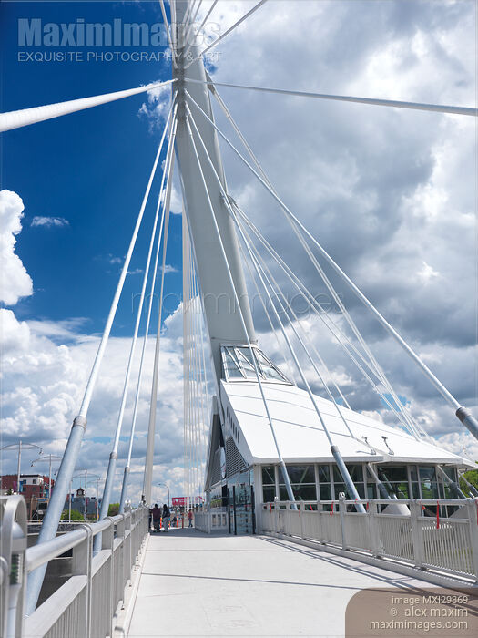 Stock photo of Mon Ami Louis restaurant on Esplanade Riel Footbridge in Winnipeg Buy commercial use license at MaximImages