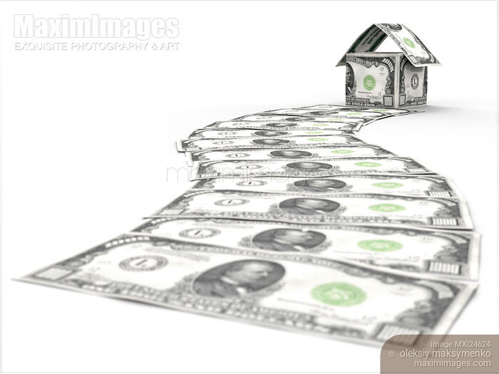 Stock image of Money path to a house made of dollars Buy commercial use license at MaximImages