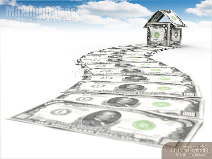 Stock image of Money path to a house made of dollars under blue sky Buy commercial use license at MaximImages