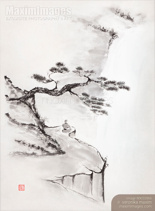 Monk meditating on the edge of a cliff by the waterfall Oriental sumi-e painting Stock image of Monk meditating on the edge of a cliff by the waterfall Oriental sumi-e painting Buy commercial use license at MaximImages