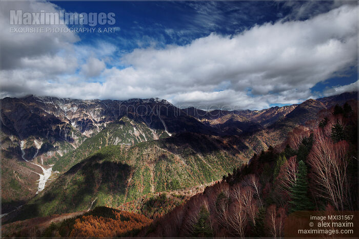 Mount Kasa and Mt Nuketo peaks view Japan Hida Mountains autumn scenery Stock photo of Mount Kasa and Mt Nuketo peaks view Japan Hida Mountains autumn scenery Buy commercial use license at MaximImages