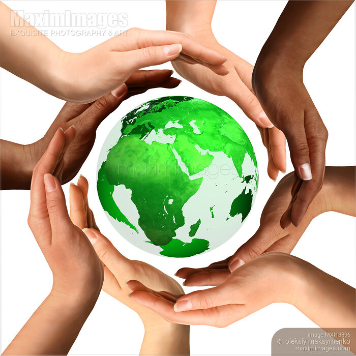 Stock photo of Multiracial Hands Around the Earth Globe Buy commercial use license at MaximImages