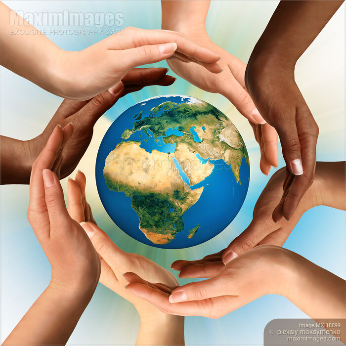 Stock photo of Multiracial Hands Surrounding the Earth Globe Buy commercial use license at MaximImages