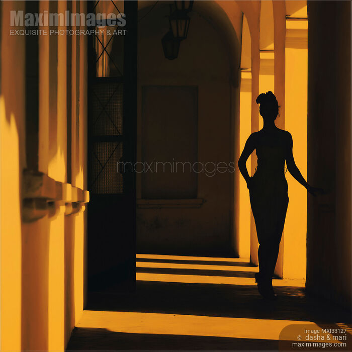 Stock photo of Mysterious dark silhouette of a woman walking in a shadowy arched hallway of an old building Buy commercial use license at MaximImages