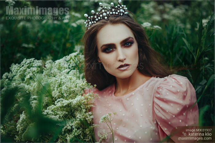 Stock photo of Mythical beauty portrait of a woman in a princess crown in a field of wild yarrow Buy commercial use license at MaximImages