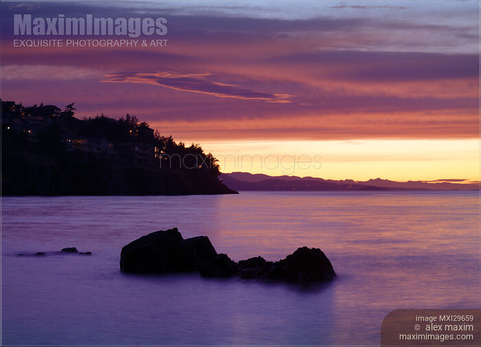 Stock photo of Nanaimo BC pink sunset beautiful scenery of the ocean coast on Vancouver Island Buy commercial use license at MaximImages