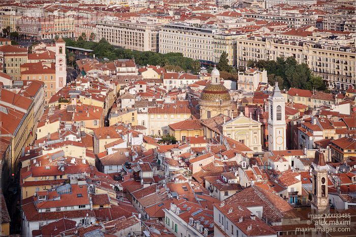 Nice Cathedral and rooftops of historic buildings in old city of Nice, France aerial landscape Stock photo of Nice Cathedral and rooftops of historic buildings in old city of Nice, France aerial landscape Buy commercial use license at MaximImages