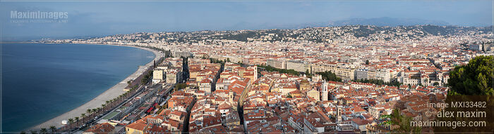 Nice, France, aerial landscape panoramic city scenery, French Riviera, Mediterranean Sea shore Stock photo of Nice, France, aerial landscape panoramic city scenery, French Riviera, Mediterranean Sea shore Buy commercial use license at MaximImages