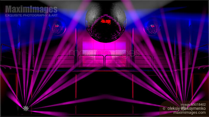 Stock image of Night club colorful lights and disco balls Buy commercial use license at MaximImages