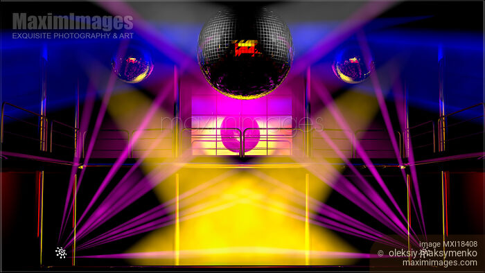 Stock image of Night club colorful lights and disco balls Buy commercial use license at MaximImages