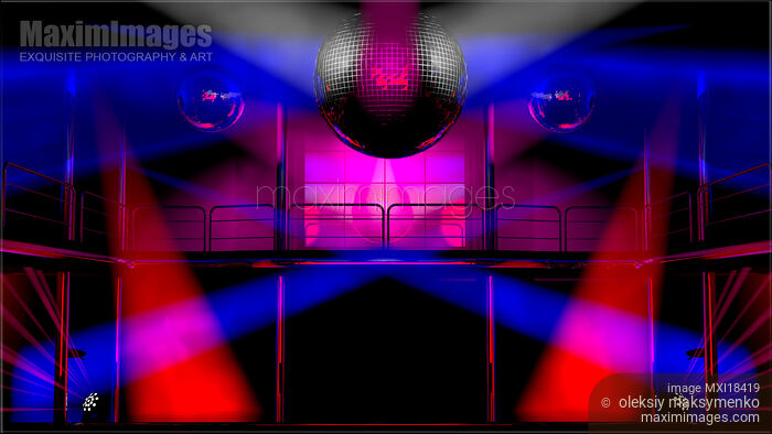 Stock image of Night club discotheque colorful lights and disco balls Buy commercial use license at MaximImages