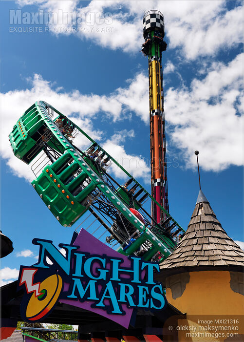 Stock photo of Night Mares and Drop Tower Rides at Canada's Wonderland Buy commercial use license at MaximImages