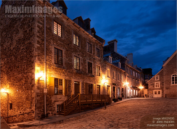 Stock photo of Nightfall in Old Quebec City Beautioful historic French architecture Buy commercial use license at MaximImages