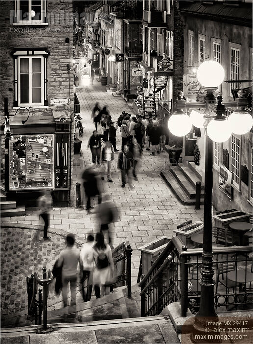 Nightlife on historic streets of Old Quebec City Rue Sous-Le-Fort and Rue du Petit-Champlain Black and white Stock photo of Nightlife on historic streets of Old Quebec City Rue Sous-Le-Fort and Rue du Petit-Champlain Black and white Buy commercial use license at MaximImages