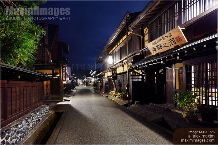 Stock photo of Nighttime scenery of Kamisannomachi old town street in Takayama Japan Buy commercial use license at MaximImages