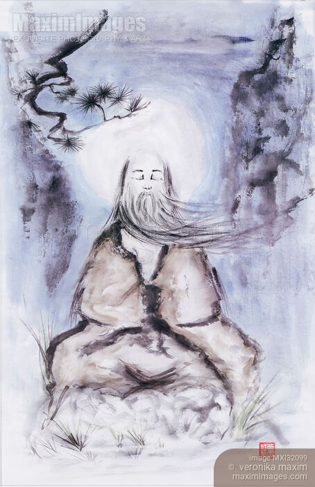 Stock image of Old Daoist sage meditating under a pine in mountains with full moon Buy commercial use license at MaximImages